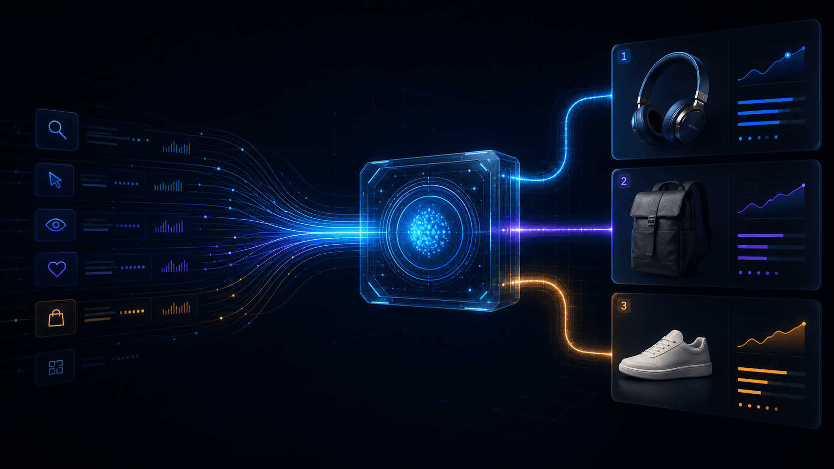 Shopper intent signals moving through a recommendation engine into three ranked ecommerce products