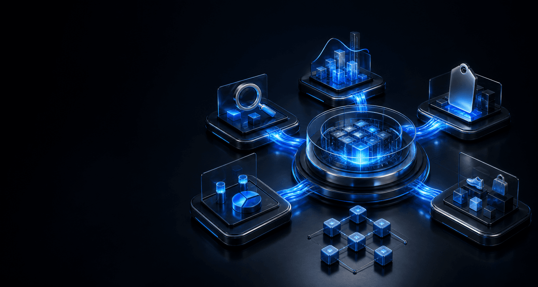 Connected commerce intelligence modules for search, forecasting, pricing, experimentation, and merchandising