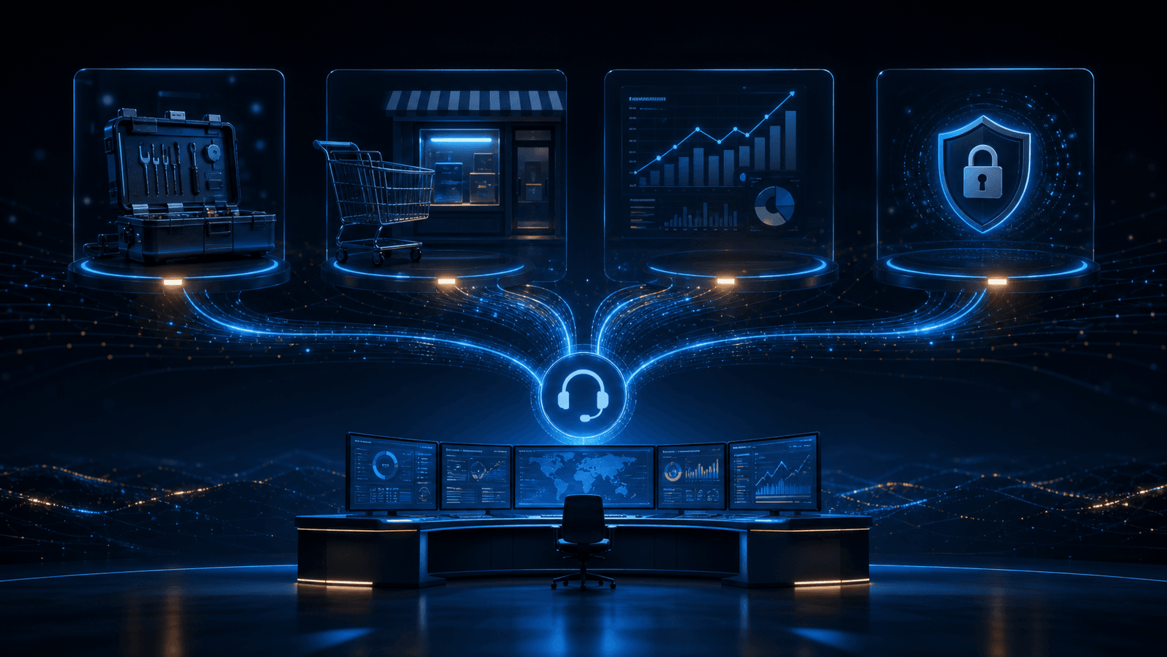 Merchant support paths converging into a diagnostic support console